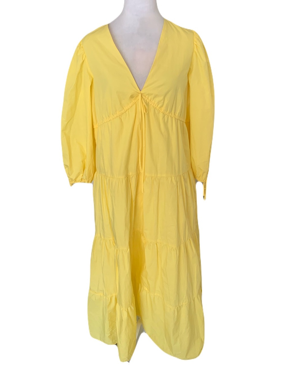 Tuckernuck Hyacinth House XS Mila Yellow V Neck Tiered Midi Dress Puff Sleeves